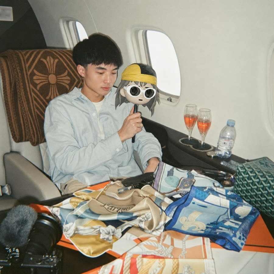 Kimchi on his jet, holding Alon's face