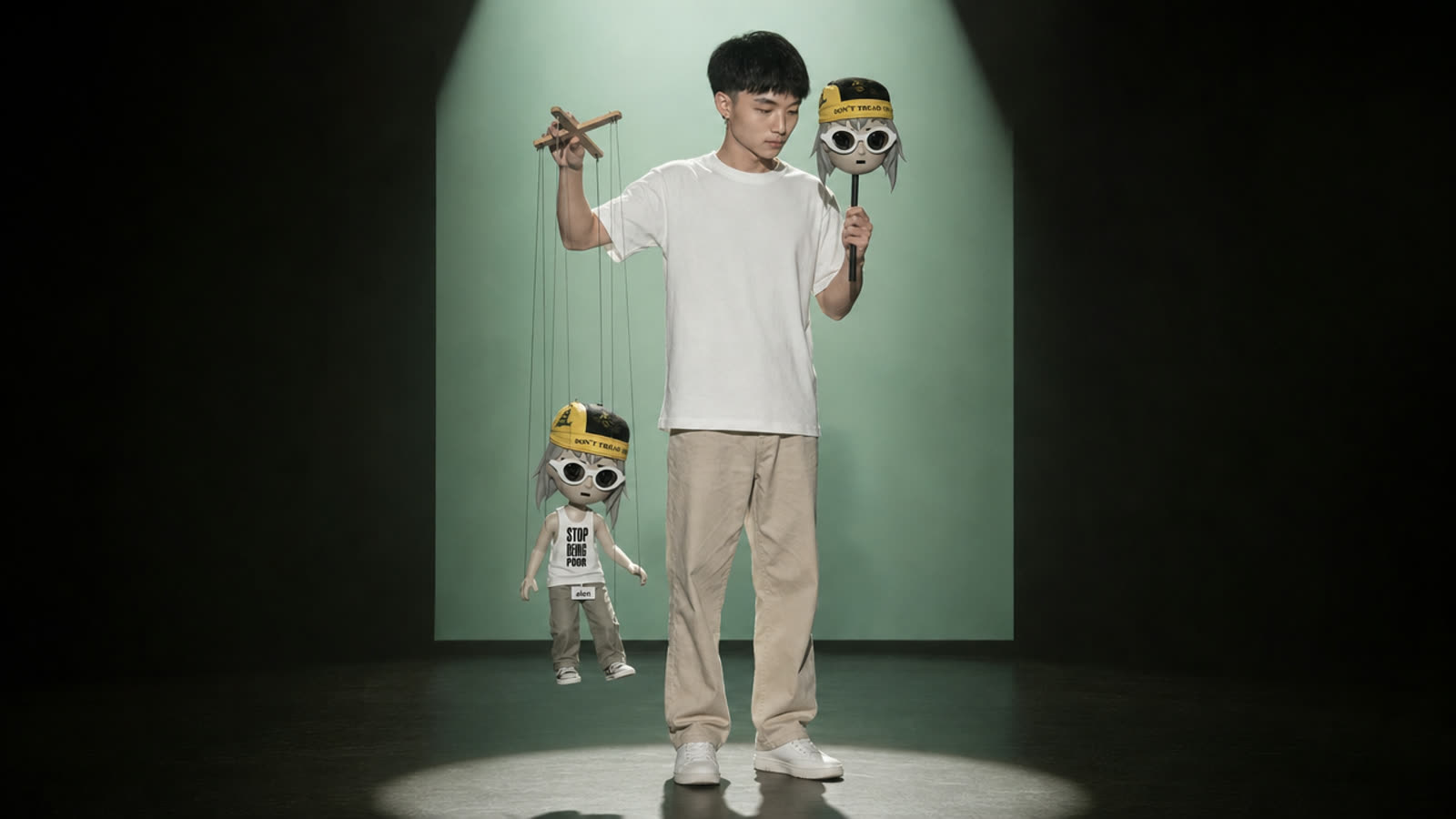 Kimchi, holding Alon's face, works an Alon puppet